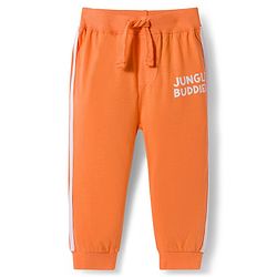 Babyhug Cotton Knit Full Length Lounge Pants with Jungle Print & Tape Detailing - Orange & Blue