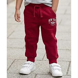 Babyhug Cotton Knit Full Length Lounge Pant With New York Print - Dark Red