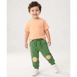 Babyhug Cotton Knit Full Length  Lounge Pant with Lion Patch - Green