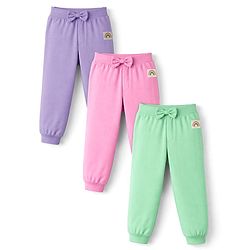 Babyhug Cotton Jersey Knit Full Length Lounge Pants With Rainbow Patch & Bow Applique Pack of 3 - Light Green Pink & Purple