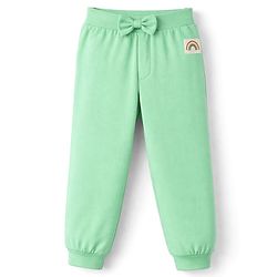 Babyhug Cotton Jersey Knit Full Length Lounge Pants With Rainbow Patch & Bow Applique Pack of 3 - Light Green Pink & Purple