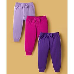 Babyhug Cotton Jersey Knit Full Length Solid Lounge Pants With Bow Applique Pack of 3 - Multicolor