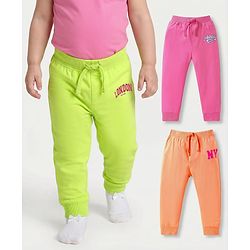 Babyhug Cotton Jersey Knit Full Length Lounge Pants with Text Print Pack of 3 - Orange Green & Pink