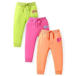 Babyhug Cotton Jersey Knit Full Length Lounge Pants with Text Print Pack of 3 - Orange Green & Pink