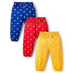 Babyhug Cotton Jersey Knit Full Length Hearts Printed Lounge Pants With Bow Pack Of 3 - Multicolour