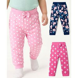 Babyhug Single Jersey Knit Full Length Lounge Pants with Floral & Polka Dot Print Bow Applique Pack of 3 - Multicolor