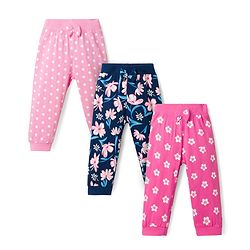 Babyhug Single Jersey Knit Full Length Lounge Pants with Floral & Polka Dot Print Bow Applique Pack of 3 - Multicolor