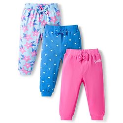 Babyhug Cotton Jersey Knit Full Length Lounge Pants With Floral & Hearts Print With Bow Applique Pack Of 3 - Multicolour