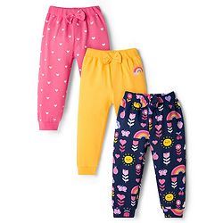Babyhug Cotton Knit Full Length Lounge Pants with Tropical Theme Print & Bow Applique Pack of 3 - Yellow Pink & Navy Blue