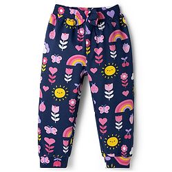 Babyhug Cotton Knit Full Length Lounge Pants with Tropical Theme Print & Bow Applique Pack of 3 - Yellow Pink & Navy Blue