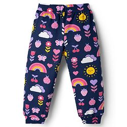 Babyhug Cotton Knit Full Length Lounge Pants with Tropical Theme Print & Bow Applique Pack of 3 - Yellow Pink & Navy Blue