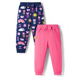 Babyhug Cotton Jersey Knit Full Length Lounge Pant With Floral Print Pack Of 2 - Navy Blue & Pink