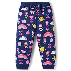 Babyhug Cotton Jersey Knit Full Length Lounge Pant With Floral Print Pack Of 2 - Navy Blue & Pink