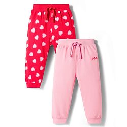 Babyhug Cotton Jersey Knit Full Length Lounge Pant With Heart Print Pack Of 2 - Red & Pink