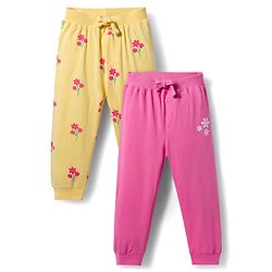 Babyhug Cotton Knit Full Length Lounge Pant With Floral Print Pack Of 2 - Pink & Yellow