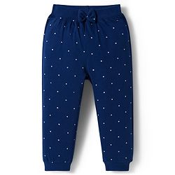 Babyhug Cotton Knit Full Length Lounge Pants with Floral & Polka Dot Print & Bow Applique Pack of 2 - Pink & Navy Blue