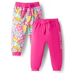 Babyhug Cotton Knit Full Length Lounge Pants with Floral & Text Print Pack of 2 - Multicolour