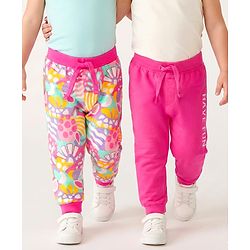 Babyhug Cotton Knit Full Length Lounge Pants with Floral & Text Print Pack of 2 - Multicolour