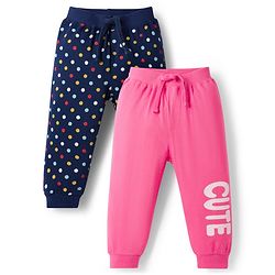 Babyhug Cotton Knit Full Length Lounge Pants with Polka Dots Pack of 2 - Navy Blue & Pink