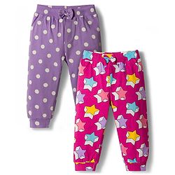Babyhug Cotton Jersey Knit Full Length Lounge Pants with Polka Dot & Star Print Pack of 2 - Purple & Dark Pink