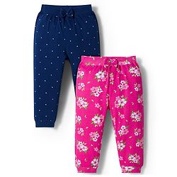 Babyhug Cotton Jersey Knit Full Length Floral & Polka Dot Printed Lounge Pants With Bow Applique Pack of 2 - Dark Pink & Navy Blue