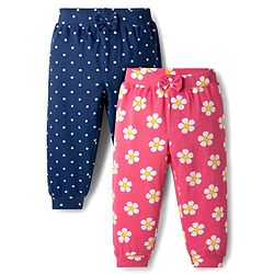 Babyhug Cotton Jersey Knit Full Length Floral & Polka Dot Printed Lounge Pants With Bow Applique Pack of 2 - Dark Pink & Navy Blue