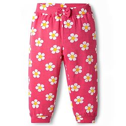 Babyhug Cotton Jersey Knit Full Length Floral & Polka Dot Printed Lounge Pants With Bow Applique Pack of 2 - Dark Pink & Navy Blue