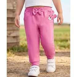 Babyhug Cotton Jersey Knit Full Length Lounge Pant With Animal Print & Bow Applique - Pink
