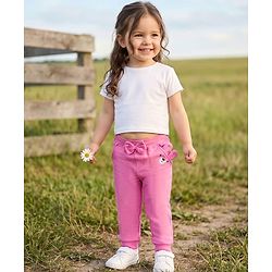 Babyhug Cotton Jersey Knit Full Length Lounge Pant With Animal Print & Bow Applique - Pink
