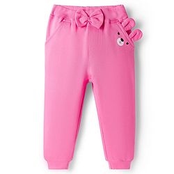 Babyhug Cotton Jersey Knit Full Length Lounge Pant With Animal Print & Bow Applique - Pink
