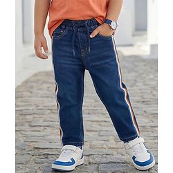 Babyhug Denim Full Length Jeans With Stretch & Tape Detailing - Navy Blue