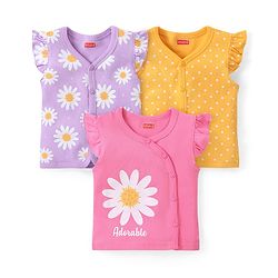 Babyhug 100% Cotton Interlock Knit Frill Sleeves Jhablas With Floral Print Pack Of 3 - Pink Purple & Yellow