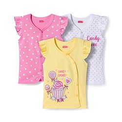 Babyhug 100% Cotton Interlock Knit Frill Sleeves Jhablas With Heart & Polka Dot Print Pack of 3 - Pink Yellow & White