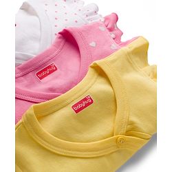 Babyhug 100% Cotton Interlock Knit Frill Sleeves Jhablas With Heart & Polka Dot Print Pack of 3 - Pink Yellow & White