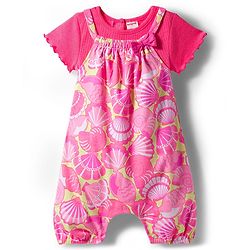 Babyhug Single Jersey Knit Dungaree & Half Sleeves Inner Tee With Seashell Print - Pink
