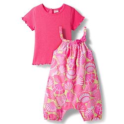 Babyhug Single Jersey Knit Dungaree & Half Sleeves Inner Tee With Seashell Print - Pink