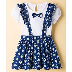 Babyhug Single Jersey Knit Haf Sleeves Top & Skirt Set With Heart Print - White & Navy Blue