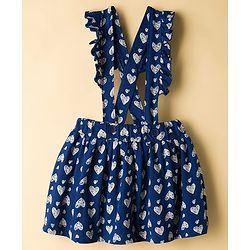 Babyhug Single Jersey Knit Haf Sleeves Top & Skirt Set With Heart Print - White & Navy Blue