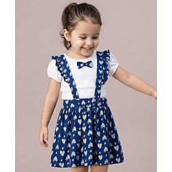 Babyhug Single Jersey Knit Haf Sleeves Top & Skirt Set With Heart Print - White & Navy Blue