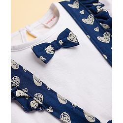 Babyhug Single Jersey Knit Haf Sleeves Top & Skirt Set With Heart Print - White & Navy Blue