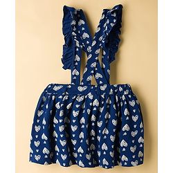 Babyhug Single Jersey Knit Haf Sleeves Top & Skirt Set With Heart Print - White & Navy Blue