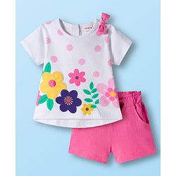 Babyhug Single Jersey Knit Half Sleeves Floral Printed Top & Shorts Set with Bow Applique - Pink & White
