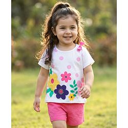 Babyhug Single Jersey Knit Half Sleeves Floral Printed Top & Shorts Set with Bow Applique - Pink & White