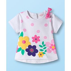 Babyhug Single Jersey Knit Half Sleeves Floral Printed Top & Shorts Set with Bow Applique - Pink & White