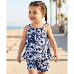 Babyhug Single Jersey Knit Sleeveless Floral Printed Co-ords Top & Shorts Set - Navy Blue