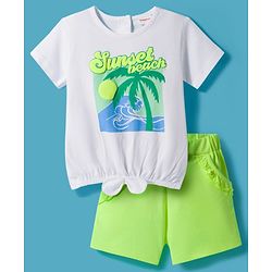 Babyhug Single Jersey Knit Half Sleeves Top & Shorts Set with Beach Theme Graphic - Limegreen & White