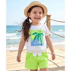 Babyhug Single Jersey Knit Half Sleeves Top & Shorts Set with Beach Theme Graphic - Limegreen & White
