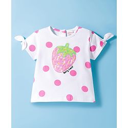 Babyhug Single Jersey Knit Half Sleeves Polka Dot Printed Top & Shorts Set with Bow Applique & Strawberry Embroidery - Pink & White