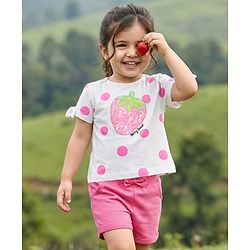 Babyhug Single Jersey Knit Half Sleeves Polka Dot Printed Top & Shorts Set with Bow Applique & Strawberry Embroidery - Pink & White