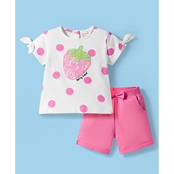 Babyhug Single Jersey Knit Half Sleeves Polka Dot Printed Top & Shorts Set with Bow Applique & Strawberry Embroidery - Pink & White